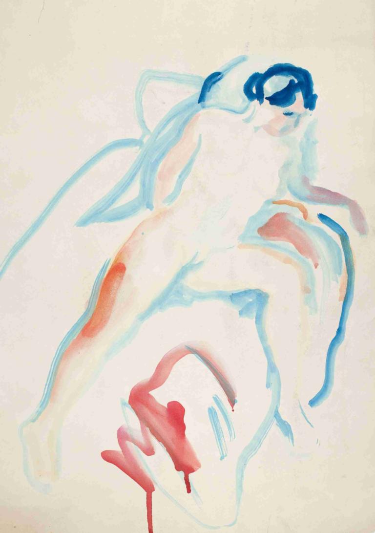 Akt på sengen,Edvard Munch,Watercolor,Watercolor, 1girl, nude, blood, solo, traditional media, closed eyes