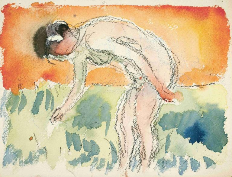 Akt som bøyer seg,Edvard Munch,Watercolor,Watercolor, solo, nude, male focus, 1boy, penis, black hair