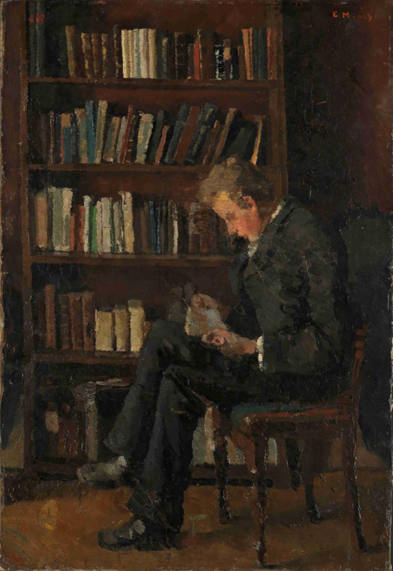 Andreas Reading,Edvard Munch,Tempera,Tempera, 1boy, male focus, book, solo, sitting, bookshelf, formal