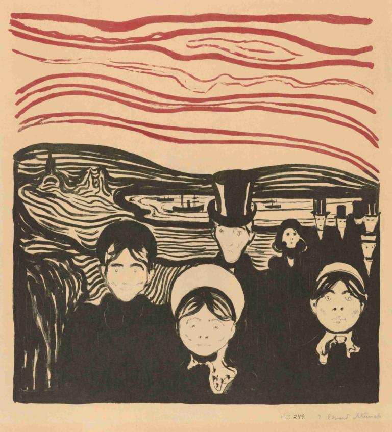 Angst,Edvard Munch,Copperplate Etching,Copperplate Etching, multiple girls, smile, closed eyes, freckles, hat