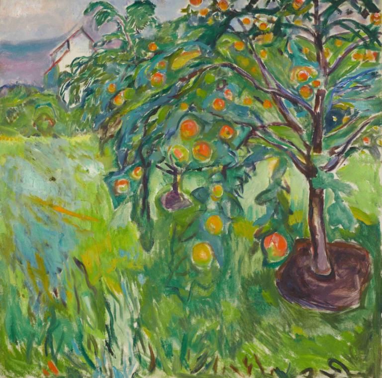 Apple Tree By The Studio,Edvard Munch,Tempera,Tempera, no humans, outdoors, traditional media, tree, fruit