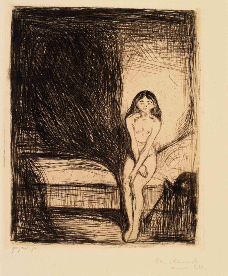 At Night (Puberty),Pada Malam Hari (Pubertas),Edvard Munch,Sketsa,Sketsa, 1 gadis, solo, telanjang, puting