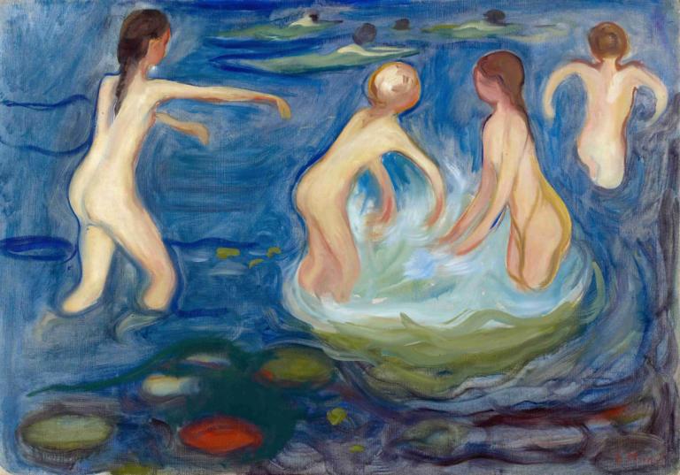 Bathing Girls,Kopalna dekleta,Edvard Munch,Tempera,Tempera, vodo, šmarnica, gola, več deklet