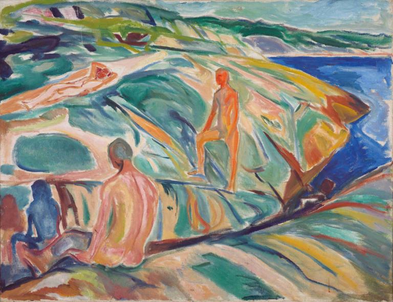 Bathing Men on Rocks,Memandikan Pria di Atas Batu,Edvard Munch,Temperatur,Temperatur, lukisan (sedang)