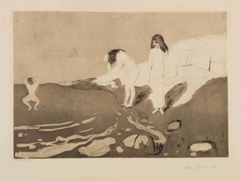 Bathing Women,Edvard Munch,Copperplate Etching,Copperplate Etching, 1girl, nude, monochrome, 1boy, hetero