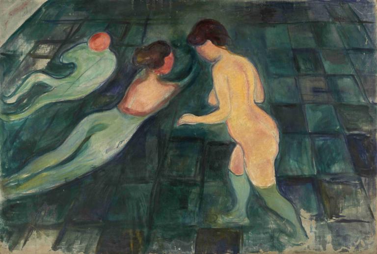 Bathing Women,Edvard Munch,Tempera,Tempera, nude, ass, painting (medium), breasts, fine art parody, 1girl