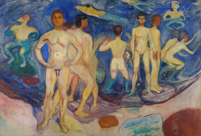 Bathing Young Men,Edvard Munch,Tempera,Tempera, painting (medium), fine art parody, surreal, multiple boys