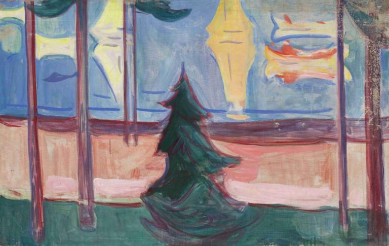 Beach Landscape with Trees and Boats,Paisaje de playa con árboles y barcos,Edvard Munch,Pintura al temple