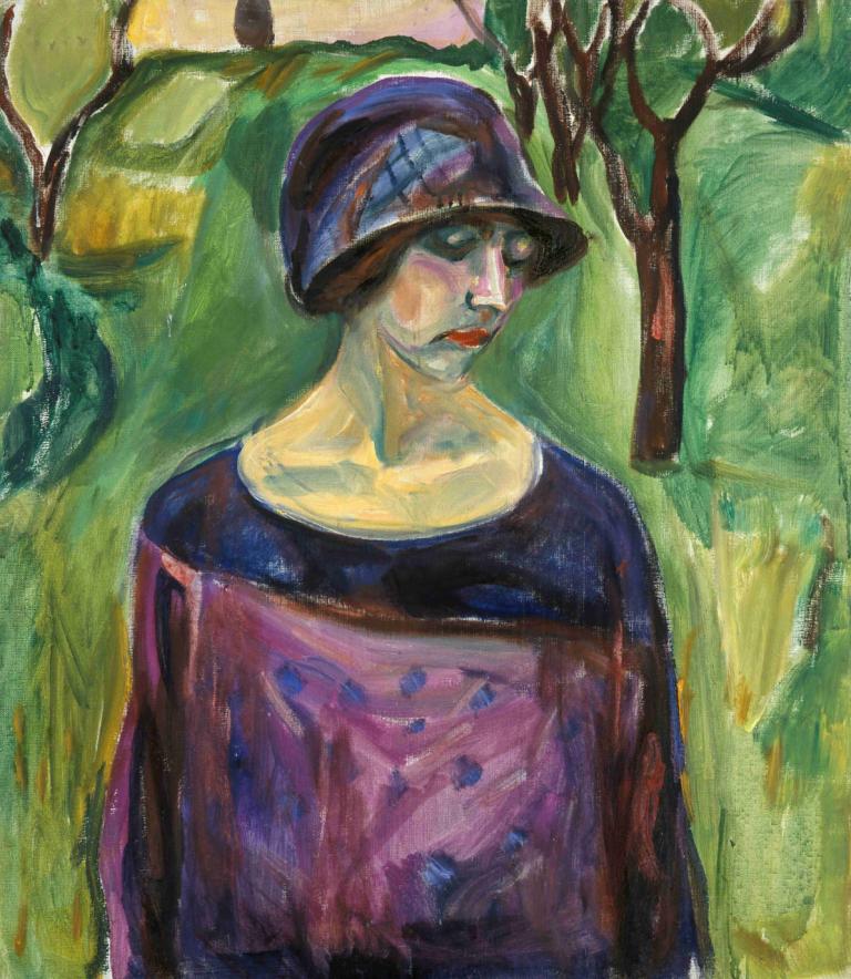 Birgit Prestøe in the Garden,Edvard Munch,Tempera,Tempera, solo, painting (medium), traditional media, hat