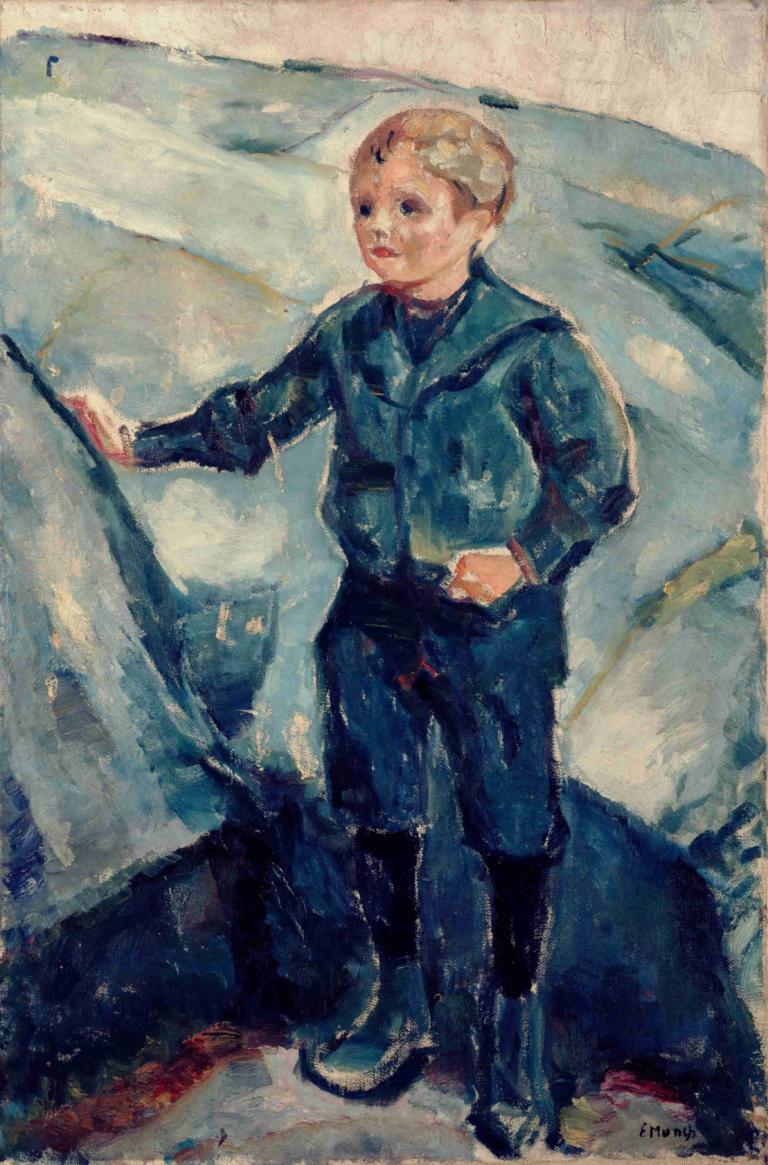 Boy In Blue,Edvard Munch,Tempera,Tempera, 1boy, solo, male focus, blonde hair, uniform, boots