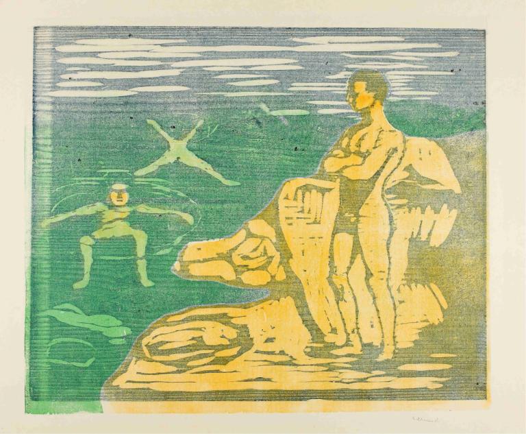 Boys Bathing,男孩洗澡,Edvard Munch,爱德华-蒙克,铜版画,铜版画, 裸体, 水, 双臂交叉, 鸟, 男性焦点, 岩石, 1男孩, 游泳, 多个男孩, 海洋, 部分淹没, 边界, 短发