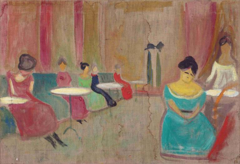 Brothel Scene,妓院场景,Edvard Munch,爱德华-蒙克,蛋彩画,蛋彩画, 多个女孩, 裙子, 桌子, 绘画（中）, 坐着, 传统媒体, 黑发, 窗帘, 水彩（中）, 多个男孩