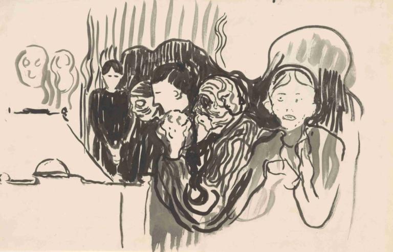 By the Deathbed. Fever,临终前发烧,Edvard Munch,爱德华-蒙克,素描,素描, 多个女孩, 单色, 美术模仿, 超现实的