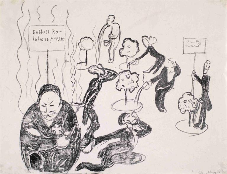 Caricature of the Press,新闻界漫画,Edvard Munch,爱德华-蒙克,素描,素描, 单色, 传统媒体, 1男孩, 坐着, 英文文本, 灰度, 男性焦点, 正式的, 套装, 草图