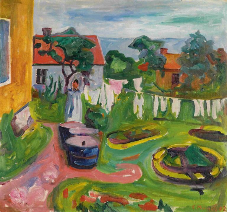 Clothes On A Line In Åsgårdstrand,Åsgårdstrand的晾衣绳上的衣服,Edvard Munch,爱德华-蒙克,蛋彩画,蛋彩画, 户外, 树, 传统媒体, 绘画（中）, 风景