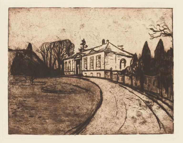 Das Haus,房子,Edvard Munch,爱德华-蒙克,铜版画,铜版画, 树, 房子, 单色, 没有人类, 户外, 风景, 建筑, 桥, 河, 传统媒体, 边界