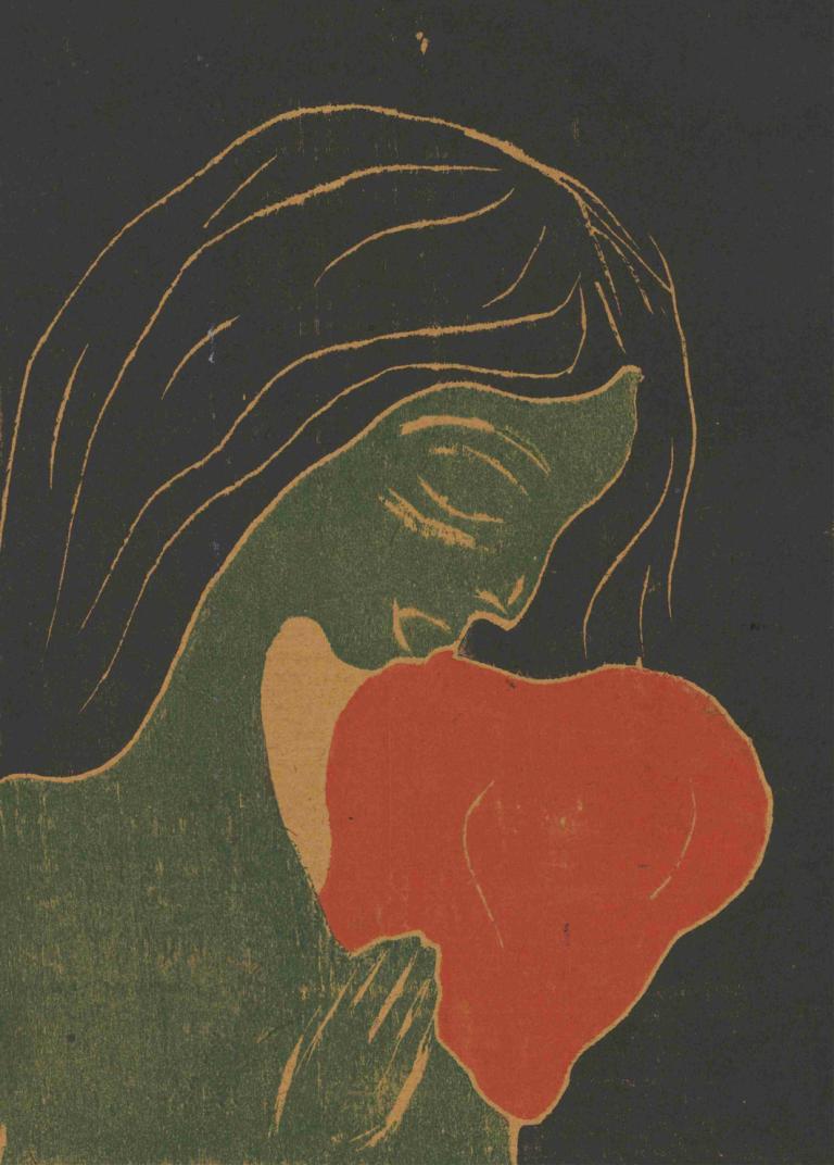 Das Herz,心脏,Edvard Munch,爱德华-蒙克,蛋彩画,蛋彩画, 独奏, 红花, 1个女孩, 花, 黑色背景, 简单的背景, 长发, 轮廓, 闭着眼睛, 玫瑰, 红玫瑰, 黑发, 肖像