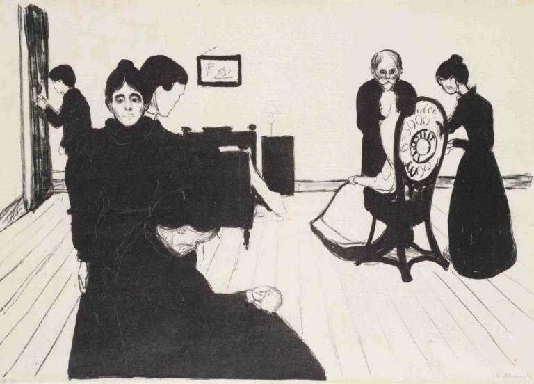 Death In The Sickroom,病房里的死亡,Edvard Munch,爱德华-蒙克,铜版画,铜版画, 多个女孩, 单色, 椅子, 多个男孩, 坐着