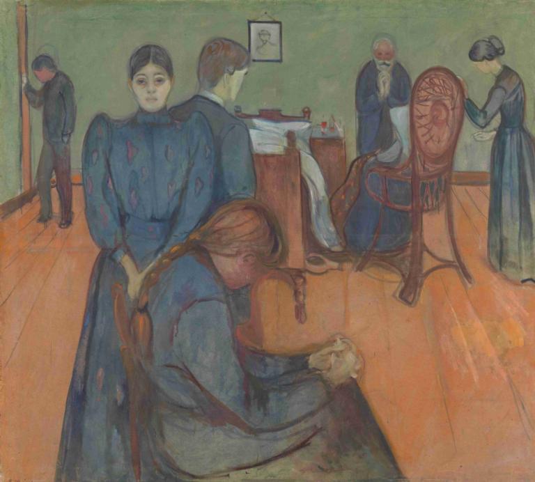 Death in the Sickroom,病房里的死亡,Edvard Munch,爱德华-蒙克,蛋彩画,蛋彩画, 编织, 椅子, 黑发, 坐着, 多个男孩, 美术模仿, 在室内, 裙子, 桌子, 多个女孩, 长发