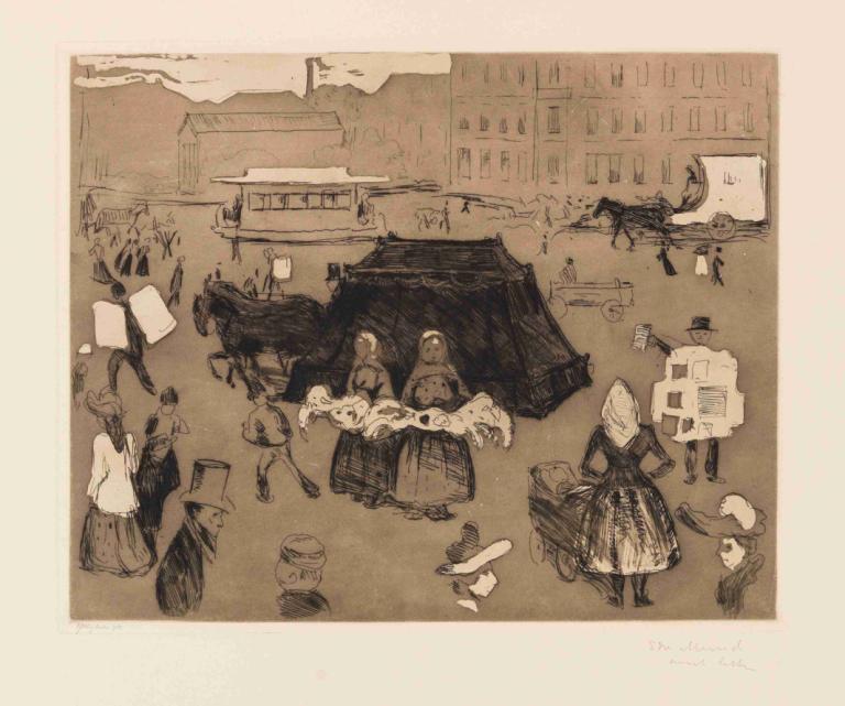 Der Leichenwagen. Potsdamer Platz,灵车波茨坦广场,Edvard Munch,爱德华-蒙克,铜版画,铜版画, 单色, 帽子, 建筑, 枪, 多个男孩