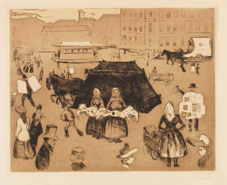 Der Leichenwagen. Potsdamer Platz,灵车波茨坦广场,Edvard Munch,爱德华-蒙克,铜版画,铜版画, 单色, 多个女孩, 裙子, 建筑, 帽子, 棕褐色