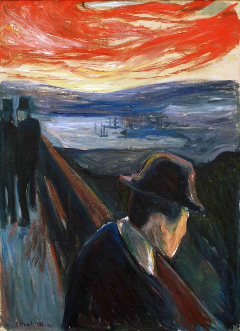 Despair,绝望,Edvard Munch,爱德华-蒙克,蛋彩画,蛋彩画, 传统媒体, 帽子, 绘画（中）, 户外, 独奏, 水彩（中）, 天空, 1男孩, 从后面, 黑色头饰, 男性焦点, 船只, 风景, 海洋