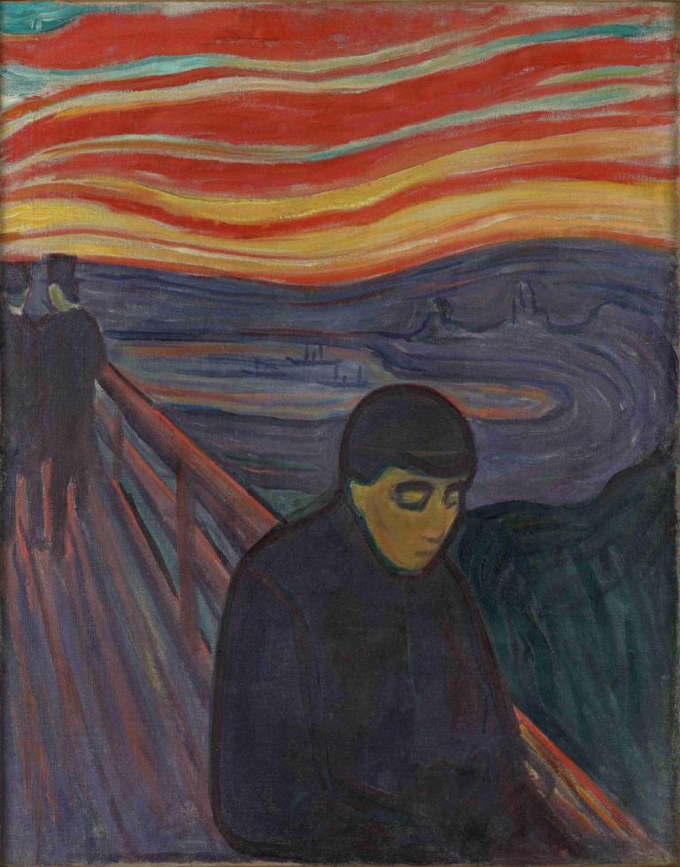 Despair,绝望,Edvard Munch,爱德华-蒙克,蛋彩画,蛋彩画, 1男孩, 男性焦点, 独奏, 传统媒体, 黑发, 船, 美术模仿, 山