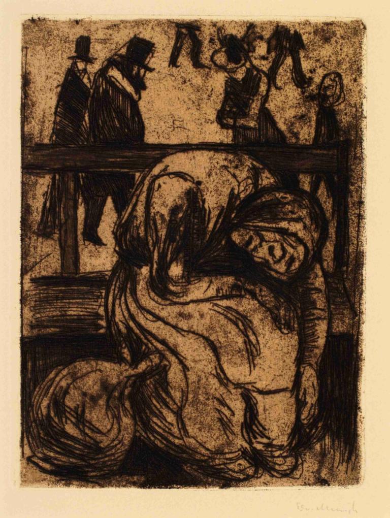 Elderly Woman on a Bench,长椅上的老年妇女,Edvard Munch,爱德华-蒙克,铜版画,铜版画, 单色, 帽子, 多个男孩