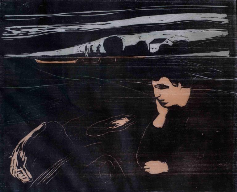 Evening (Melancholy III),Avond (Melancholie III),Edvard Munch,Koperplaatetsing,Koperplaatetsing, reflectie