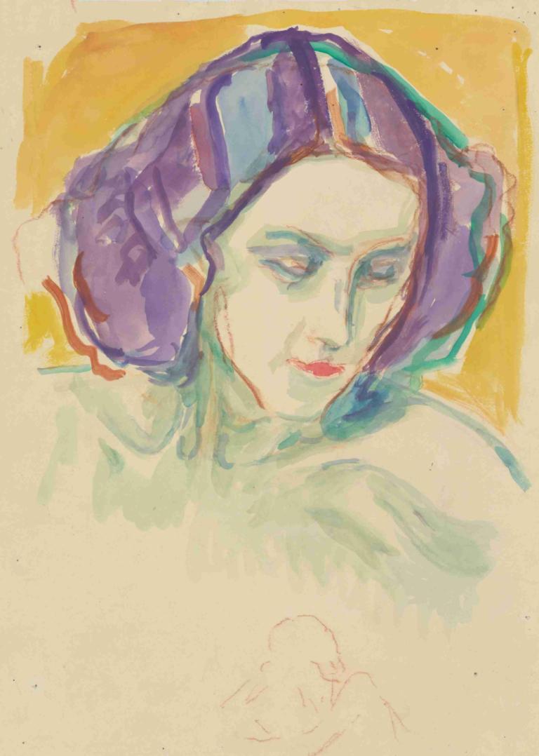 Female head,女性头部,Edvard Munch,爱德华-蒙克,蛋彩画,蛋彩画, 独奏, 1个女孩, 绘画（中）, 水彩（中）, 传统媒体, 化妆品, 帽子, 肖像, 口红