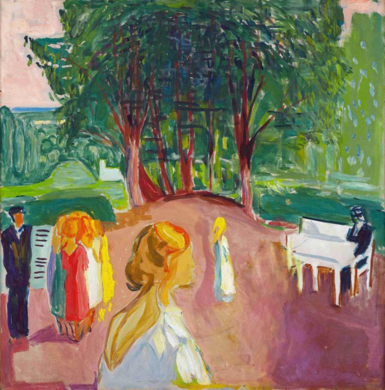 Flirting in the Park,Parkta Flört,Edvard Munch,Tempera,Tempera, ağaç, birden fazla kız