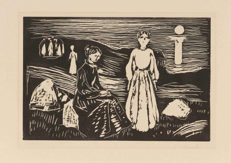 Frauen am Strand,Sahilde kadınlar,Edvard Munch,Bakır Levha Gravür,Bakır Levha Gravür, Tek renkli, kısa saç