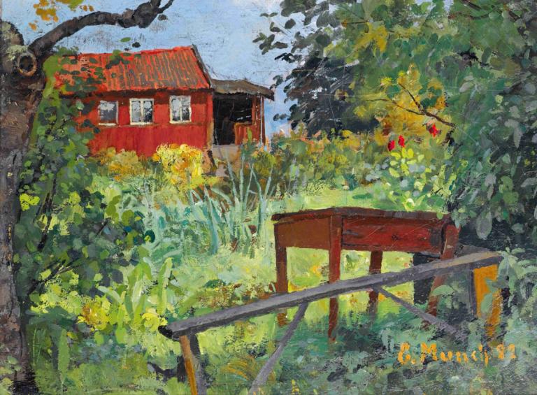 Garden With Red House,有红房子的花园,Edvard Munch,爱德华-蒙克,蛋彩画,蛋彩画, 没有人类, 户外, 树, 风景, 传统媒体, 草, 天, 房子, 绘画（中）, 天空, 植物, 栅栏