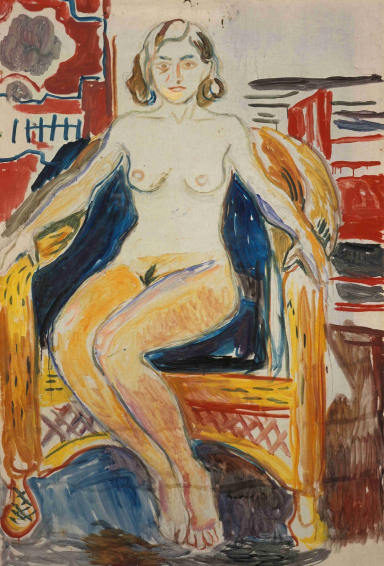 Girl from Nordland,来自诺德兰德的女孩,Edvard Munch,爱德华-蒙克,蛋彩画,蛋彩画, 1个女孩, 乳头, 独奏, 裸体, 乳房, 坐着, 阴毛, 女性阴毛, 棕色的头发, 美术模仿, 珠宝