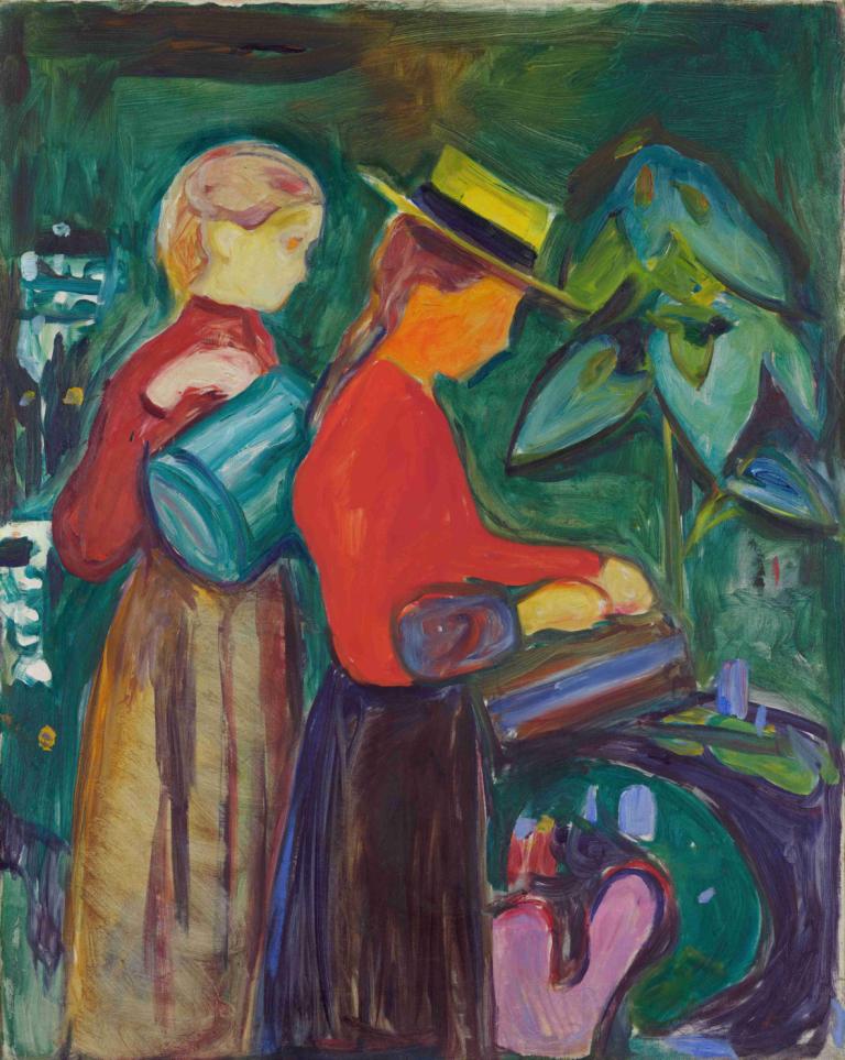 Girls watering Flowers (The Linde Frieze),浇花的女孩（林德弗里兹展厅）,Edvard Munch,爱德华-蒙克,蛋彩画,蛋彩画, 帽子, 绘画（中）, 传统媒体, 水彩（中）