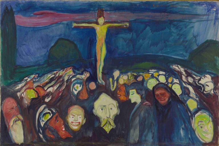 Golgotha,各各他,Edvard Munch,爱德华-蒙克,蛋彩画,蛋彩画, 传统媒体, 叉, 超现实的, 面具, 绘画（中）, 恐怖（主题）, 户外