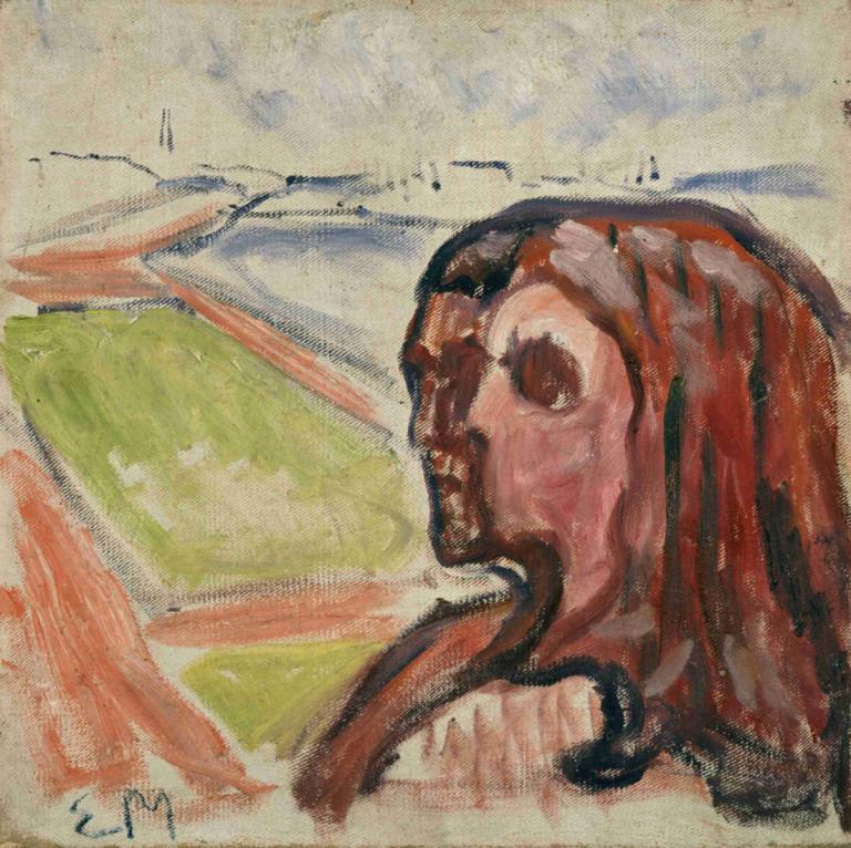 Head by Head in Landscape,逐头景观,Edvard Munch,爱德华-蒙克,蛋彩画,蛋彩画, 传统媒体, 独奏, 绘画（中）, 签名, 没有人类, 张开嘴, 1个女孩