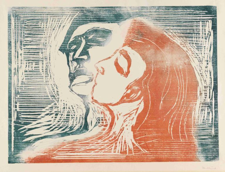 Head by head (man and woman kissing),头对头（男女接吻）,Edvard Munch,爱德华-蒙克,铜版画,铜版画, 独奏, 1个女孩, 闭着眼睛, 轮廓, 长发, 从侧面