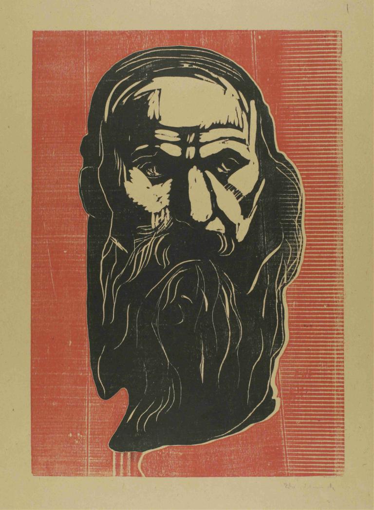 Head of an Old Man with Beard,留胡子老人的头像,Edvard Munch,爱德华-蒙克,铜版画,铜版画, 1男孩, 男性焦点, 独奏, 胡子, 胡须, 胡子, 秃, 老人, 单色, 老的