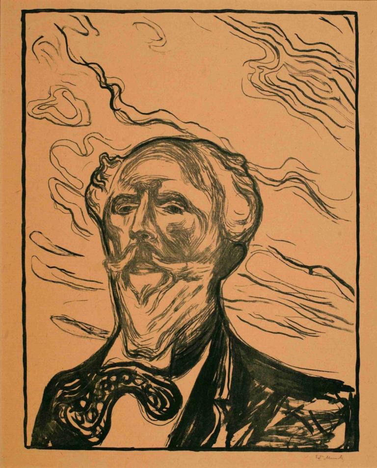 Holger Drachmann,霍尔格-德拉赫曼,Edvard Munch,爱德华-蒙克,铜版画,铜版画, 1男孩, 男性焦点, 独奏, 单色, 传统媒体, 胡子, 美术模仿, 戏仿, 正式的, 领带, 胡子