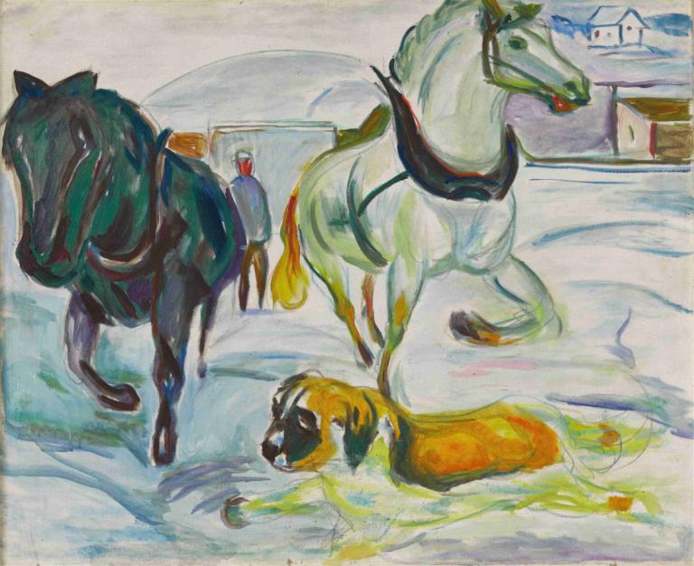 Horse Team and a St. Bernhard in the Snow,雪地里的马队和圣伯纳犬,Edvard Munch,爱德华-蒙克,蛋彩画,蛋彩画, 没有人类, 传统媒体, 马, 绘画（中）, 雪