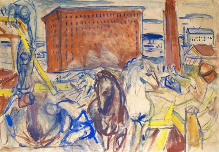 Horse Team on a Building Site,建築工地上的馬隊,Edvard Munch,愛德華德·蒙克,蛋彩畫,蛋彩畫, 沒有人類, 傳統媒體, 繪畫（中）, 馬, 水彩（中）