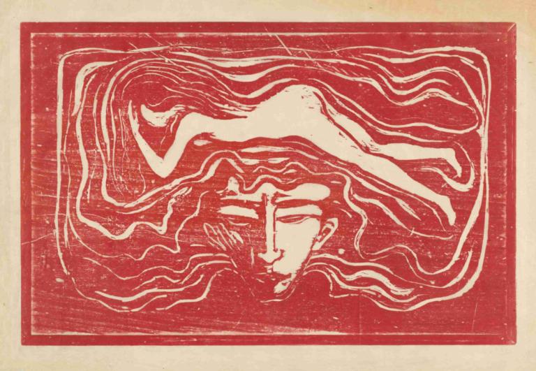 In the Man's Brain,男人的大脑,Edvard Munch,爱德华-蒙克,铜版画,铜版画, 1个女孩, 独奏, 裸体, 闭着眼睛, 单色, 长发, 红色主题, 说谎, 完全裸体, 胎位, 睡眠, 赤脚