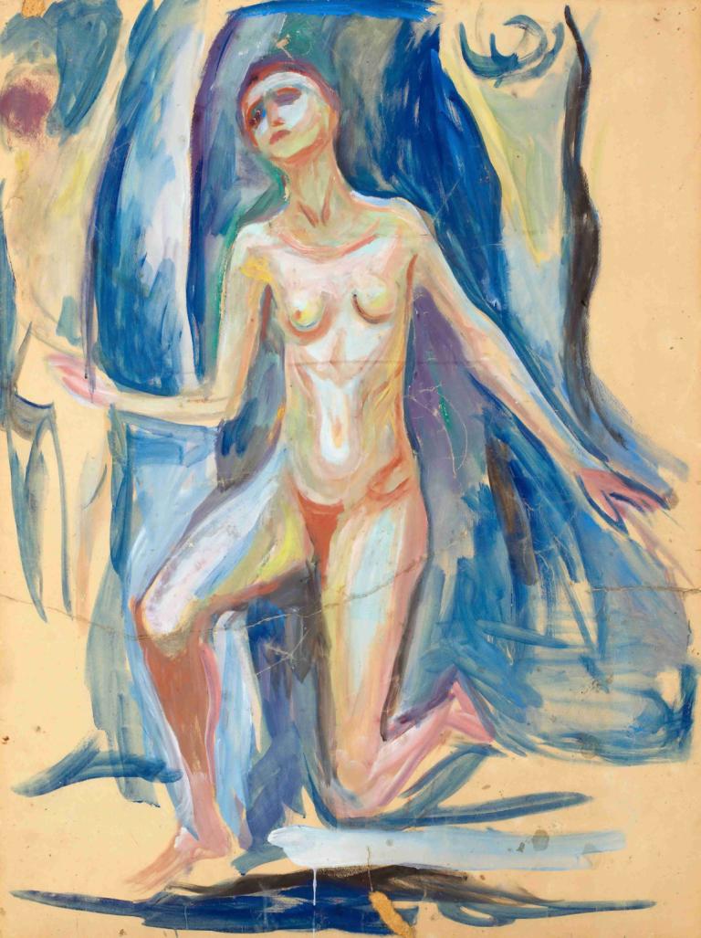 Kneeling Female Figure,Knästående kvinnlig figur,Edvard Munch,Tempera,Tempera, 1 tjej, naken, solo, bröst