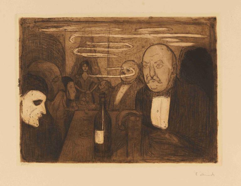 Kristiania-Boheme II,Edvard Munch,Kopparplåt Etsning,Kopparplåt Etsning, flaska, svartvit, skallig