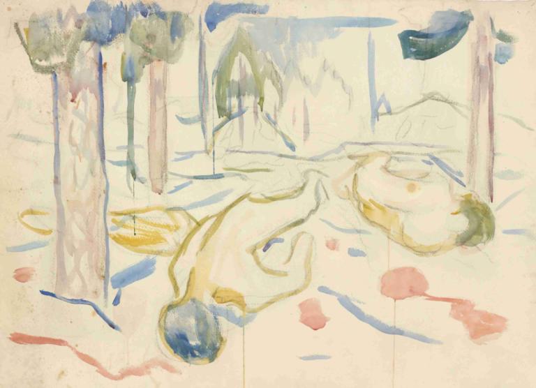 Landskap og døde kropper,Landskap och döda kroppar,Edvard Munch,Akvarell,Akvarell, målning (medium), träd