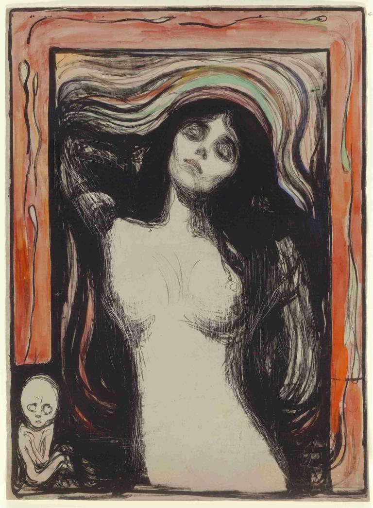 Madonna,madona,Edvard Munch,Edvarda Muncha,Mědirytinový lept,Mědirytinový lept, prsa, akt, dlouhé vlasy