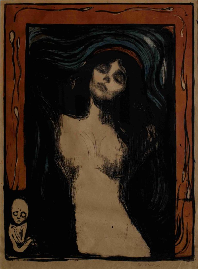 Madonna,madona,Edvard Munch,Edvarda Muncha,Mědirytinový lept,Mědirytinový lept, prsa, 1 dívka, černé vlasy