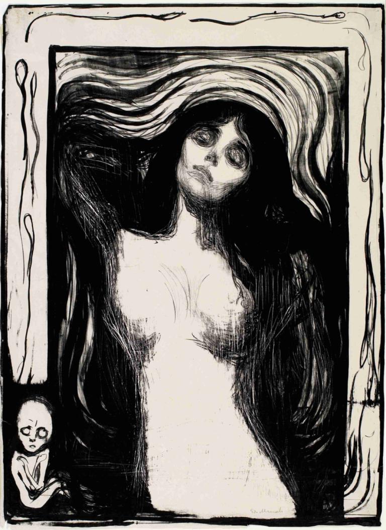 Madonna,madona,Edvard Munch,Edvarda Muncha,Mědirytinový lept,Mědirytinový lept, 1 dívka, černobílý