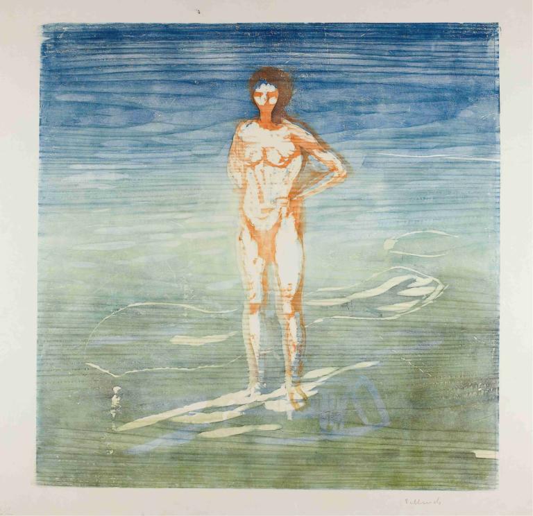 Man Bathing,Muž koupání,Edvard Munch,Edvarda Muncha,Tempera,Tempera, sólo, 1 kluk, mužské zaměření, akt, voda